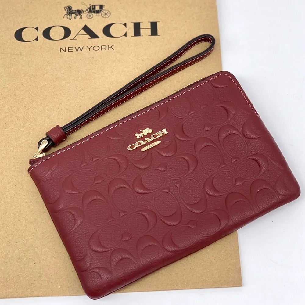 Coach Corner Zip Signature Leather Wristlet Wallet
